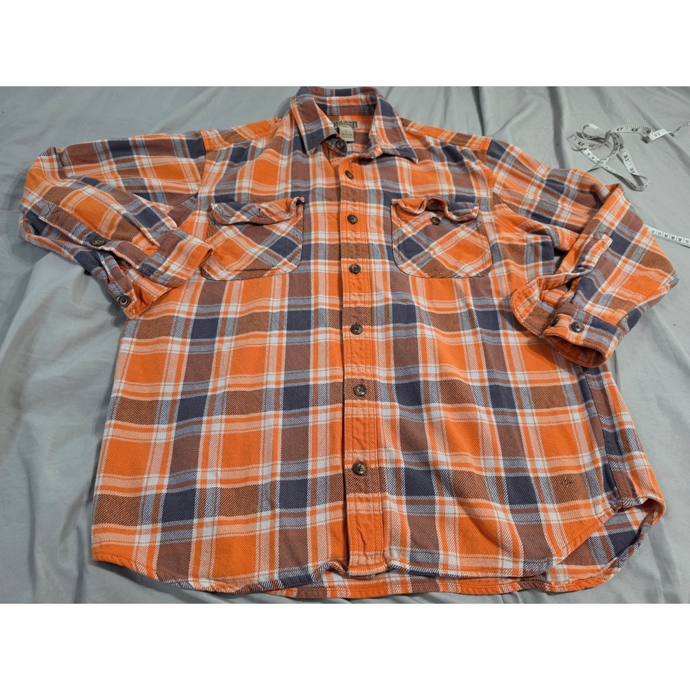 Duluth Trading Co Mens Large Orange Blue Plaid Flannel Button Down Shirt Cotton